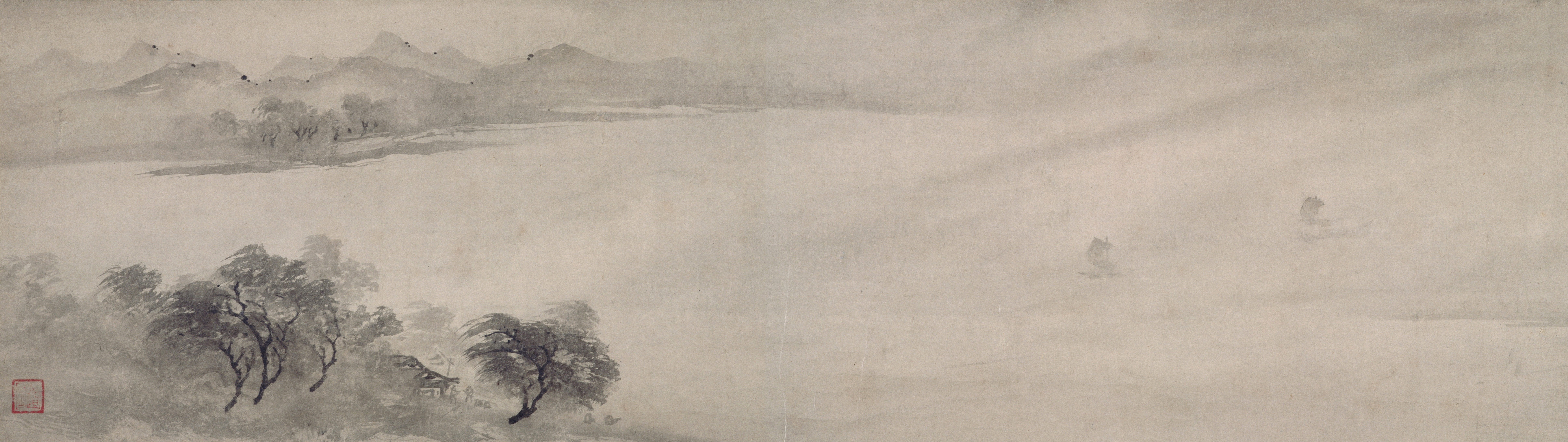 远浦归帆图    宋  牧溪  轴  纸本墨笔  32.3×103.6cm  日本京都国立博物館藏