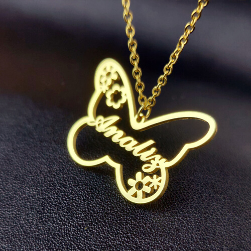 Womens personalised jewellery with nameplate wholesale factory custom butterfly name necklace gold plated suppliers websites