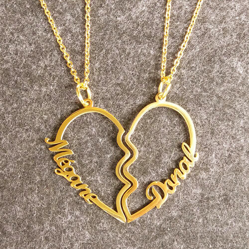 wholesale personalized couple name plate jewelry sets manufacturers bulk custom half heart necklaces with names on them suppliers