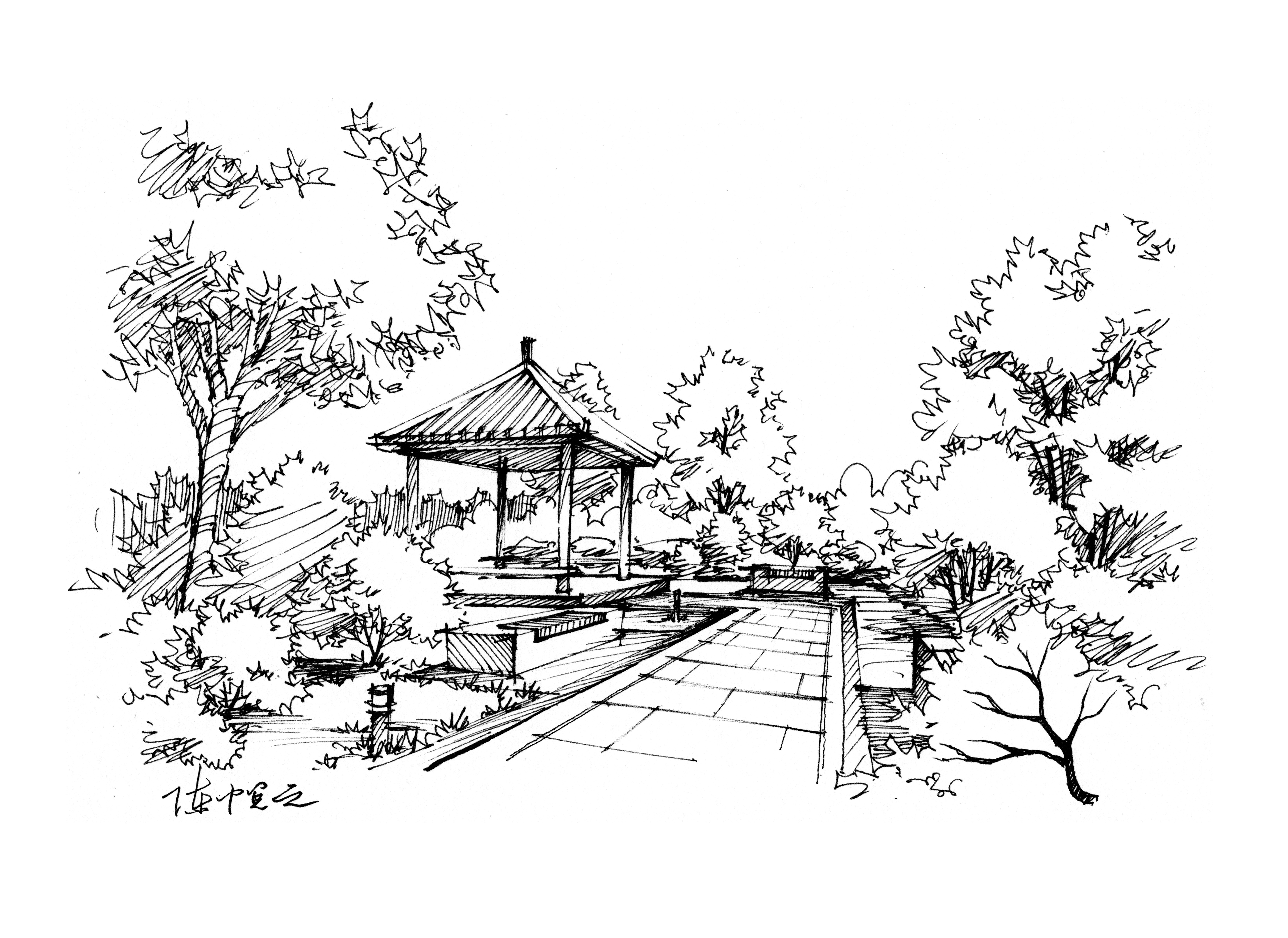 【青岛手绘】公园凉亭景观设计手绘 - 风景园林手绘