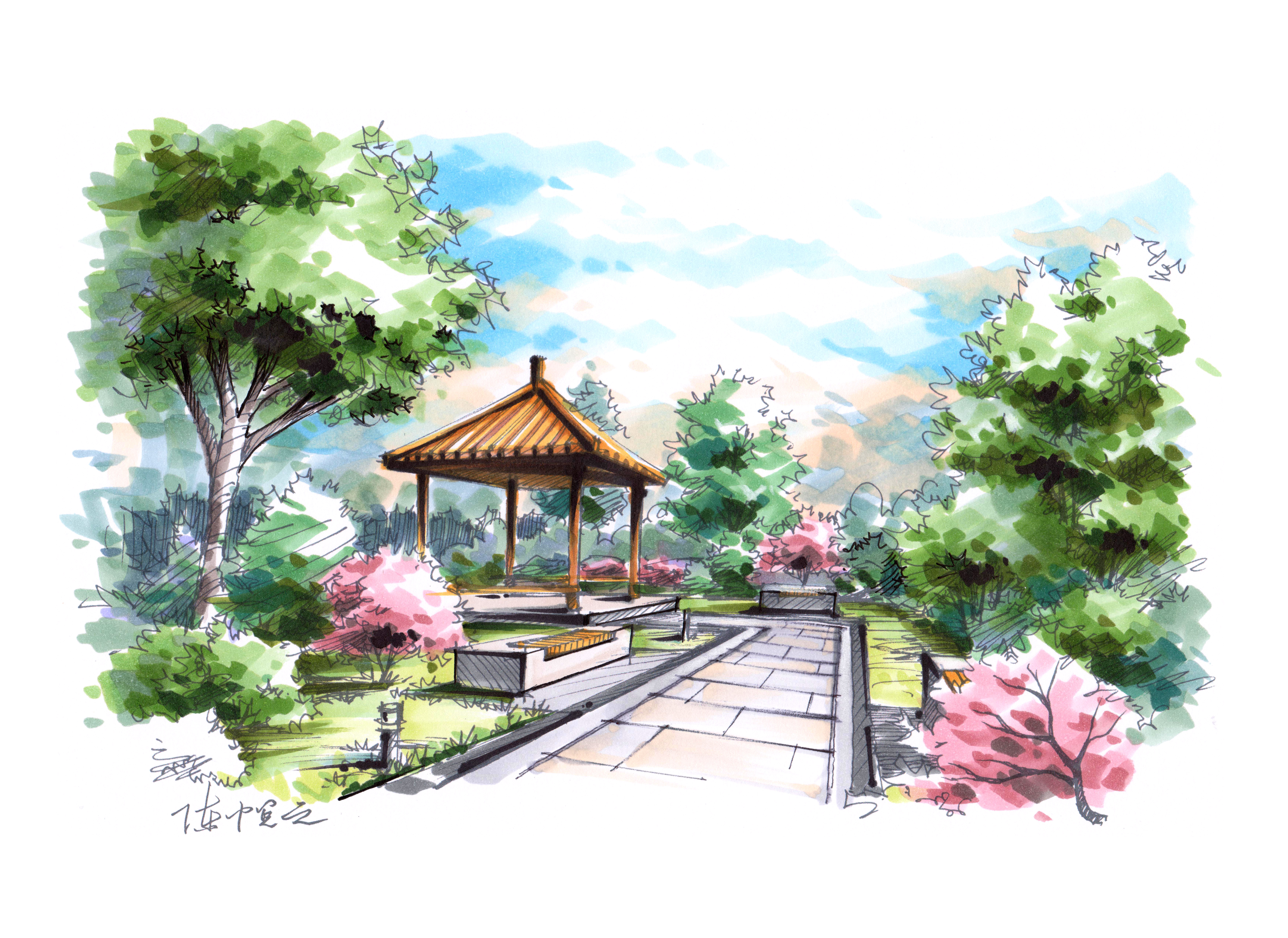 【青岛手绘】公园凉亭景观设计手绘