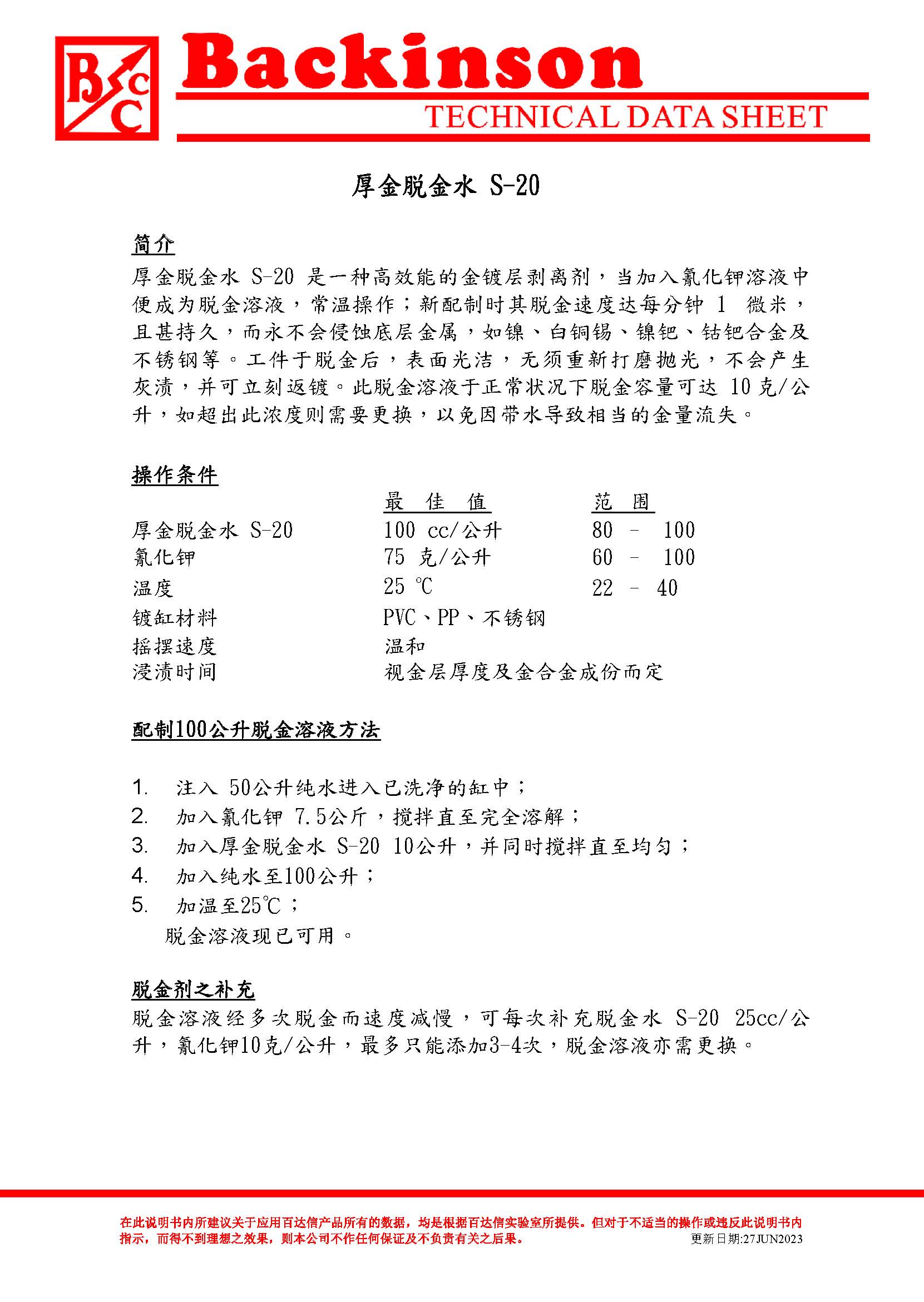 厚金脱金水 S-20 