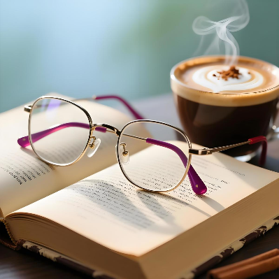 磐达教育英语学习指南第三步“选择方案”图标，画面为眼镜、英文书与拿铁咖啡的微距摄影