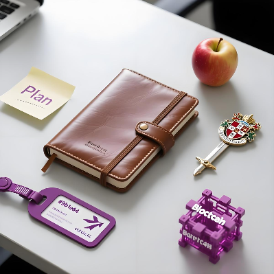 磐达教育英语学习指南第五步“开启旅程”图标，画面为中心笔记本与四件支持物品环绕的俯拍微距摄影