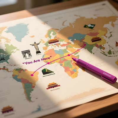 磐达教育英语学习指南第二步“定位起点”图标，画面为世界航线图与紫红色触控笔的微距摄影