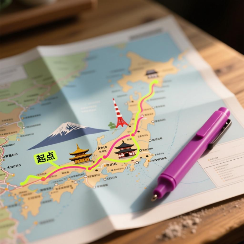 磐达教育日语学习指南第二步“定位起点”图标，画面为日本铁路路线图与紫红色触控笔的微距摄影