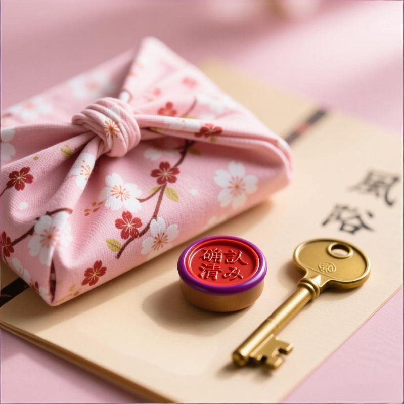 磐达教育日语学习指南第四步“亲身体验”图标，画面为风吕敷包裹的文件袋与日文印章的微距摄影