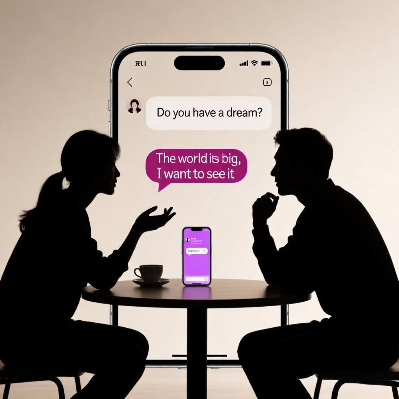 磐达教育英语L3级别自信沟通者：展示在咖啡馆进行流畅日常对话的抽象插图