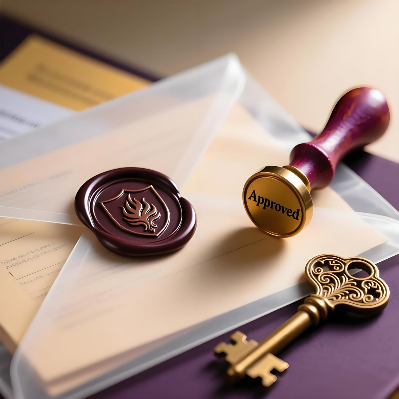 磐达教育英语学习指南第四步“亲身体验”图标，画面为带有火漆印的文件袋与钥匙的微距摄影