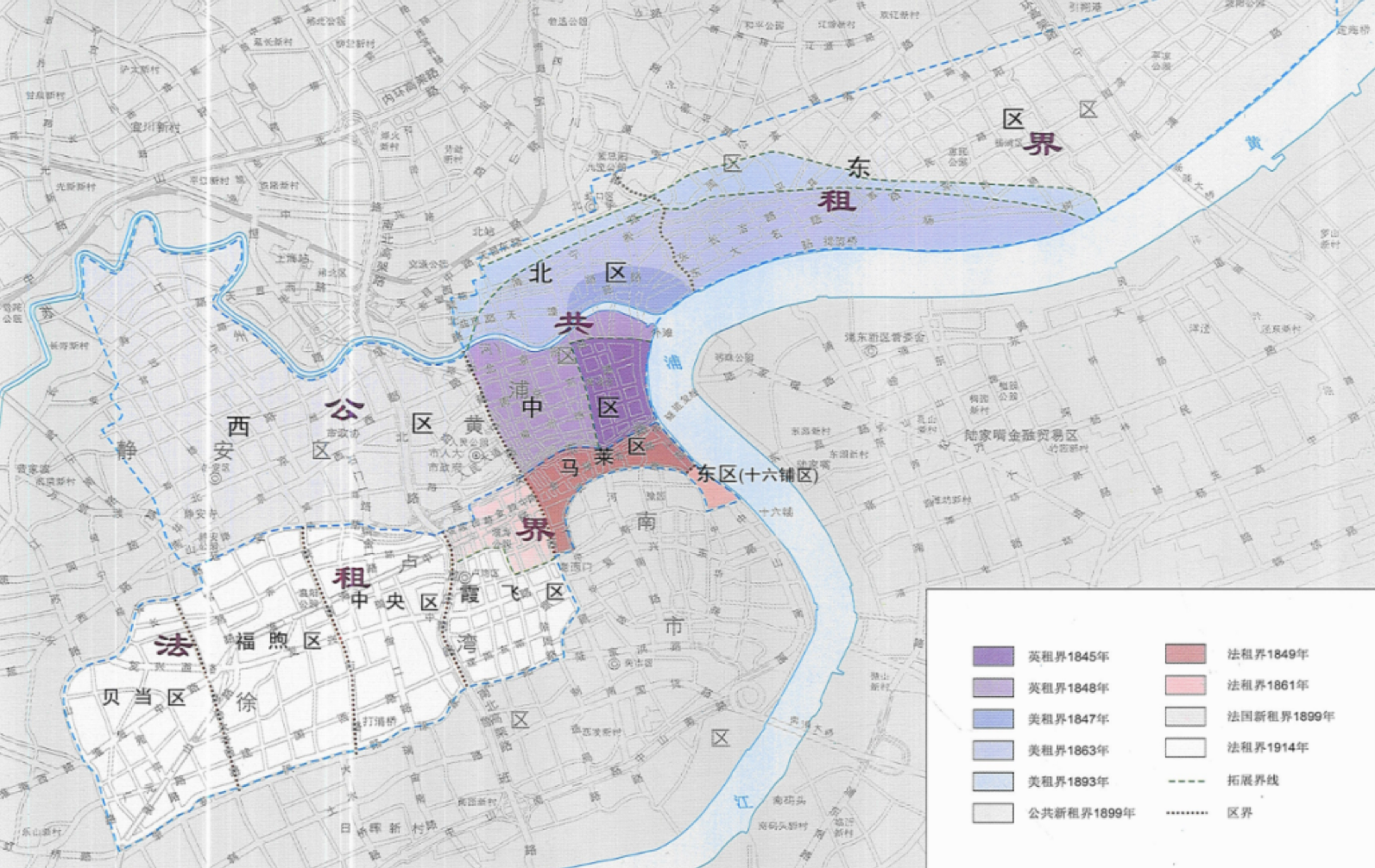 图2：租界拓展地图 （资料来源：周振鹤《上海历史地图集》）
