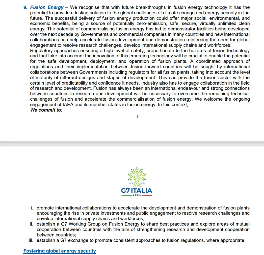以上是本次G7峰会公告中关于核聚变相关信息的原文