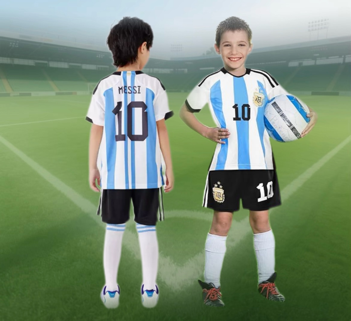 男女孩足球球衣，3 件套儿童 10 号球衣，儿童青少年足球训练服套装