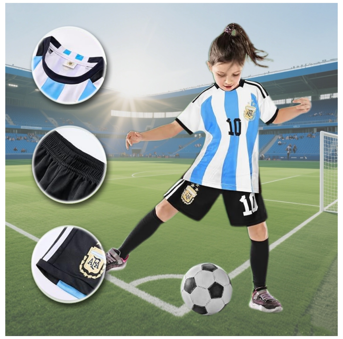 男女孩足球球衣，3 件套儿童 10 号球衣，儿童青少年足球训练服套装