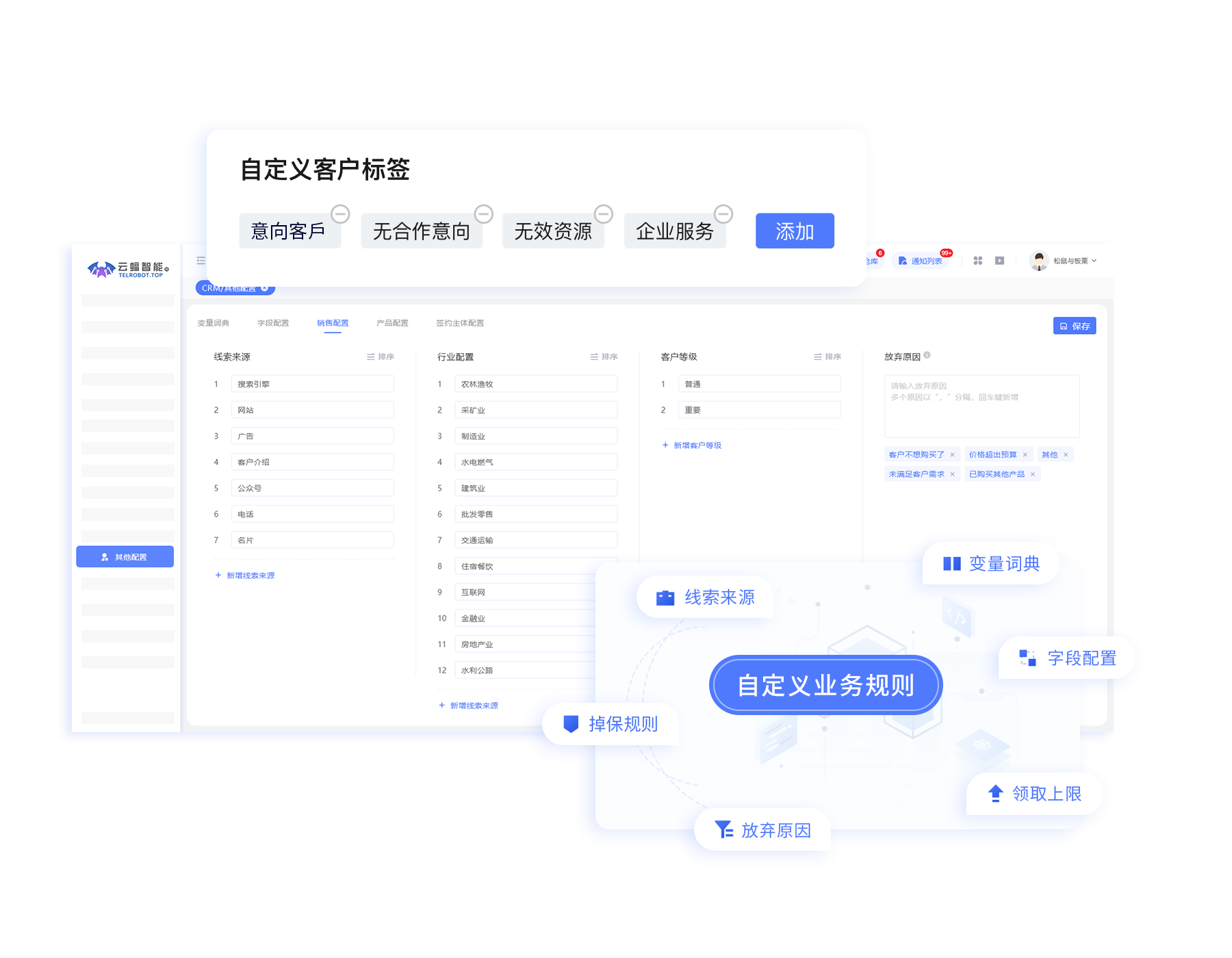 规则权限灵活配置 客户标签可勾选 业务流程可更改 员工权限可设置