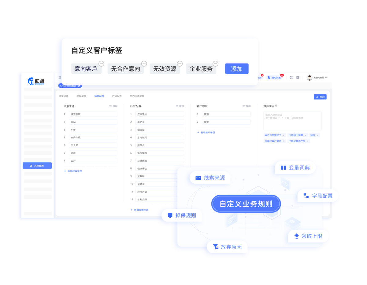 规则权限灵活配置 客户标签可勾选 业务流程可更改 员工权限可设置