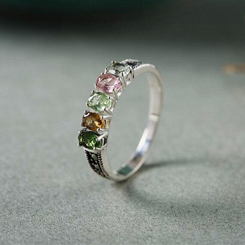 Natrual toumaline gemstones ring vintage five-stone gems jewelry in sterling silver 