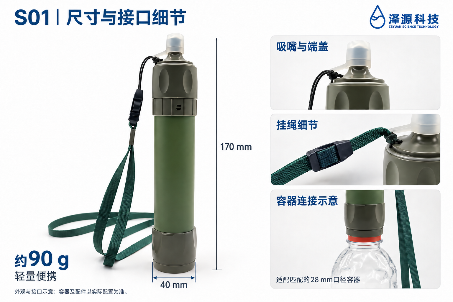 S01便携式户外吸管净水器中文尺寸与接口示意图