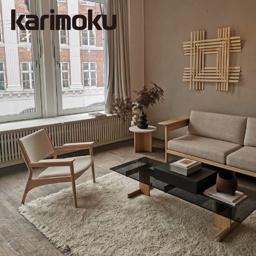 Karimoku日本进口设计师北欧简约实木长方形钢化玻璃茶几现代边桌