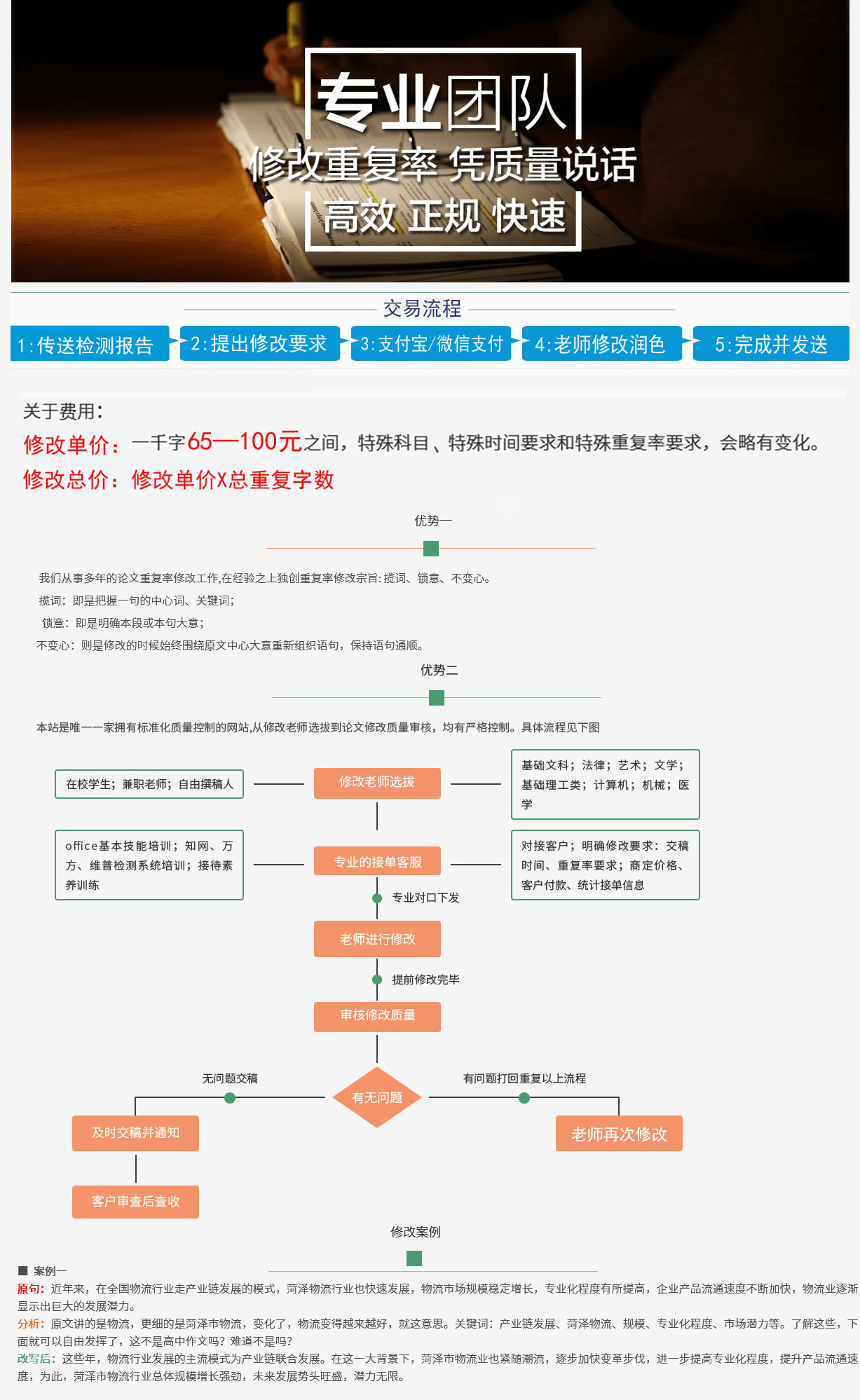 人工论文降重-服务宗旨 以修改论文质量为我们的生命，以同学们的信任重托为己任。 服务内容 多年修改经验硕博论文降重团队专业论文改重、降低论文重复率服务，针对国内主流查重报告，包括知网、万方、维普、paperpass等任何需要降低重复率的查重报告通过变换表达方式对论文修改降重。 降重效果 遵循原意、语句通顺，不满意包退款。