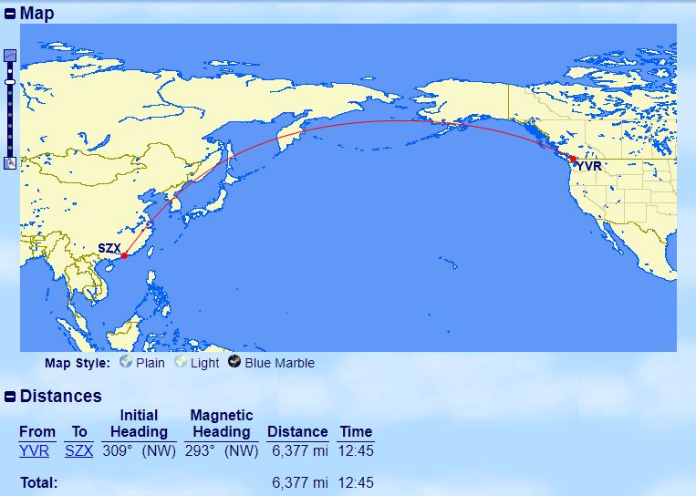 多伦多到深圳正常的航班会飞越阿拉斯加