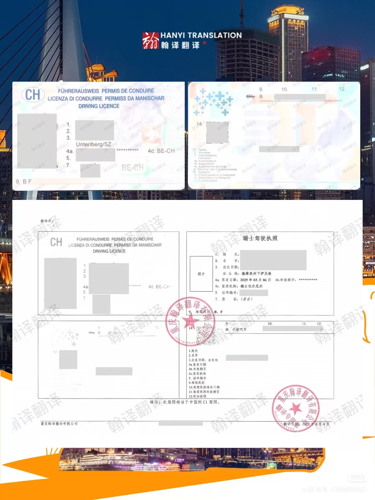 翰译翻译公司翻译的瑞士驾照