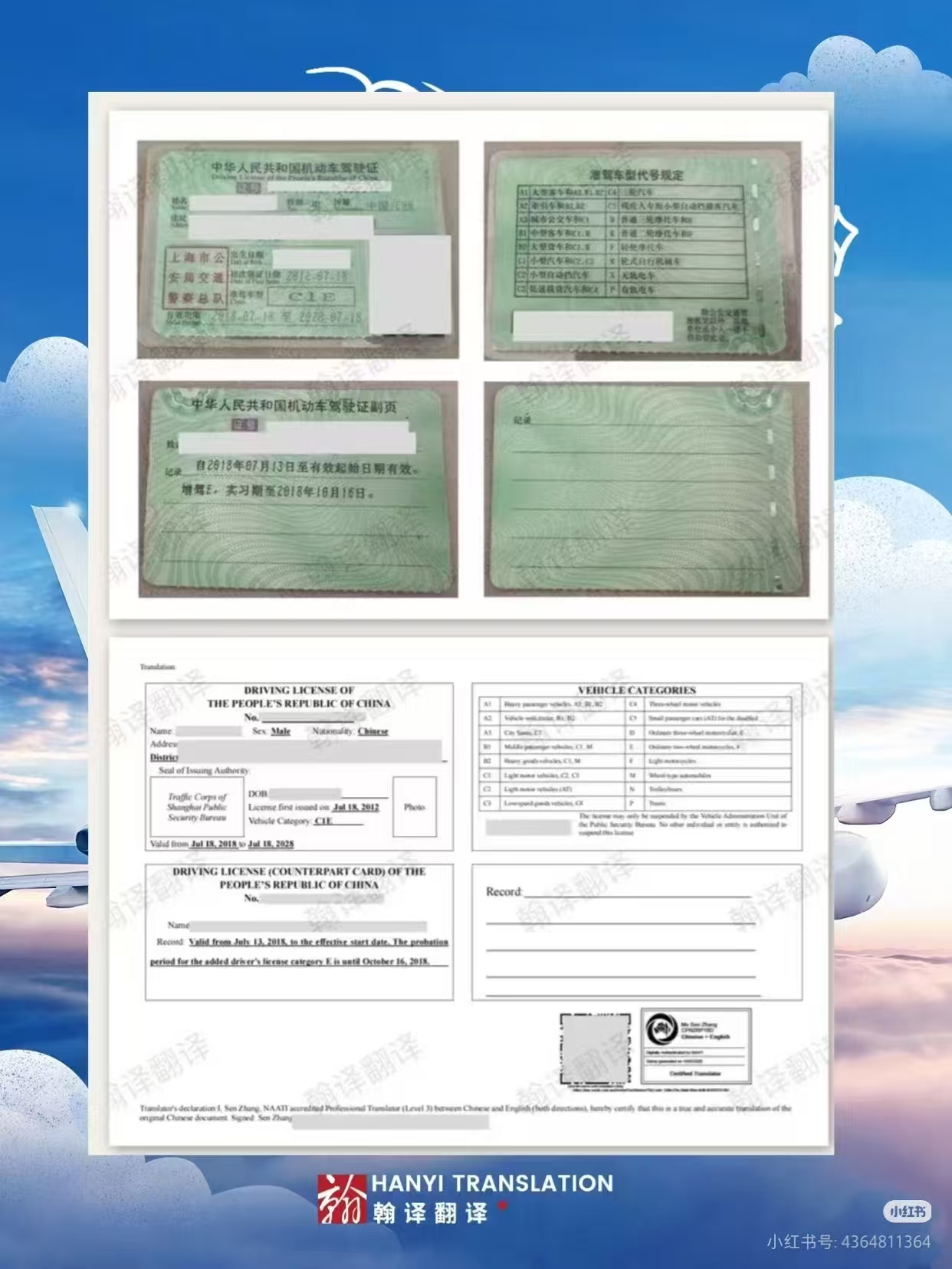 翰译翻译公司出具的具有NAATI认证资质的译员翻译并签字的中国驾照翻译件