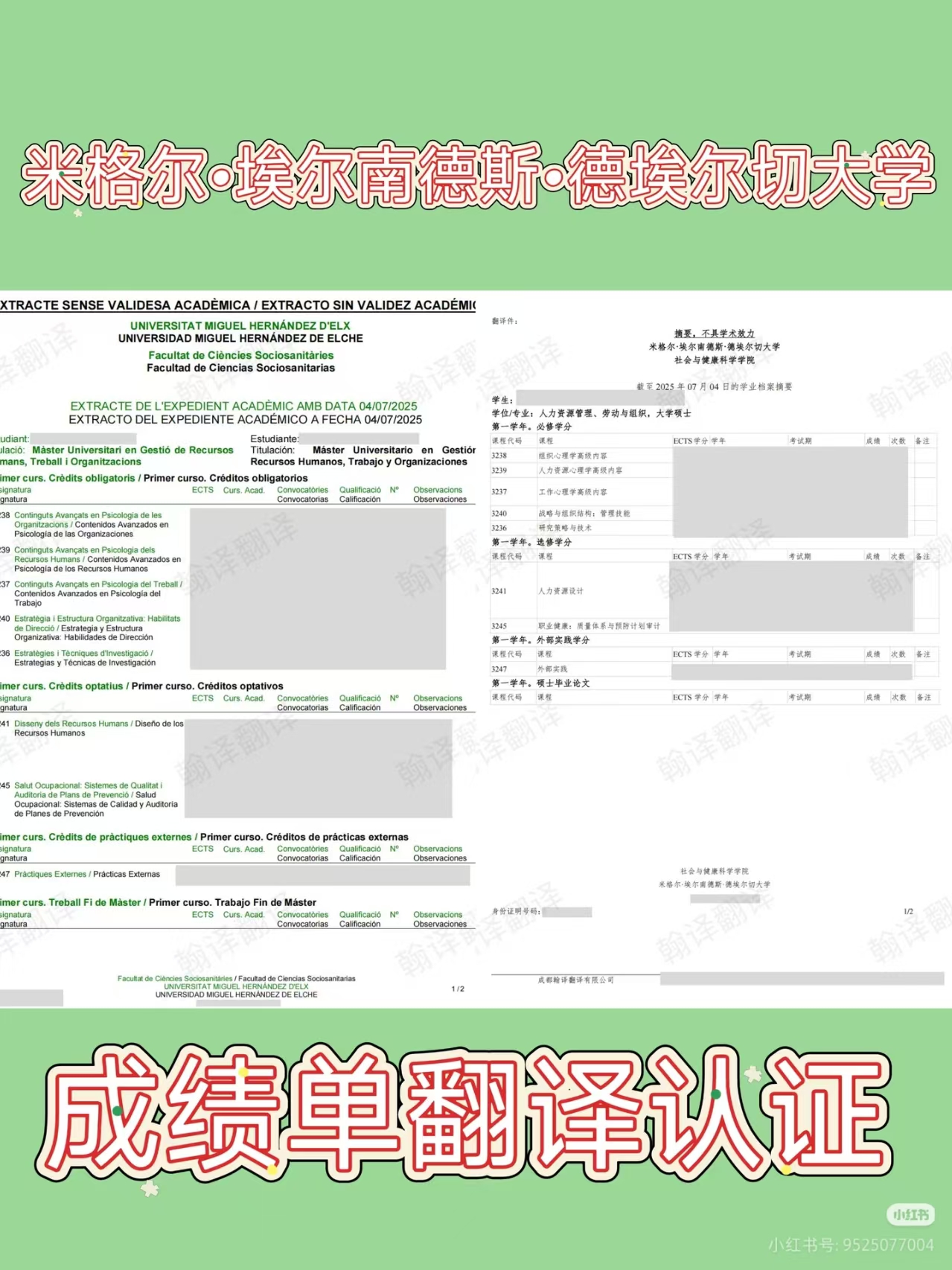 翰译翻译公司翻译的米格尔·埃尓南德斯·徳埃尓切大学成绩单