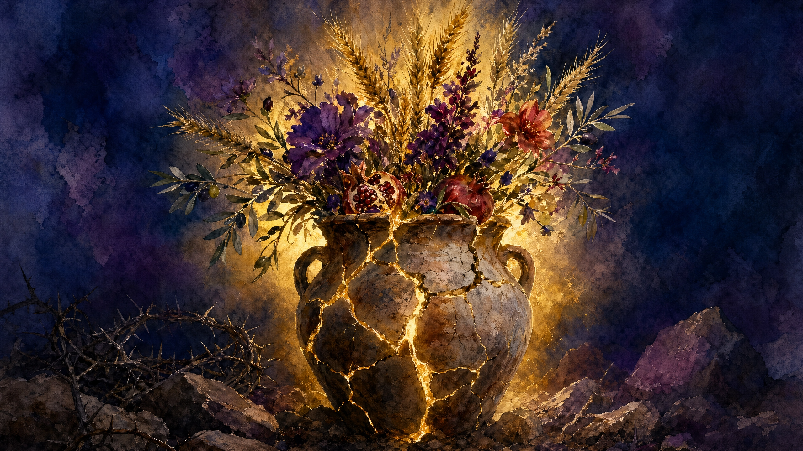 這幅畫以金繼（Kintsugi）美學為核心象徵——一只破裂的古代陶器，裂縫中迸發出強烈的金色神聖之光，象徵士每拿教會在外表的破碎與貧困之中，卻盛載著無法掩蓋的屬靈富足。