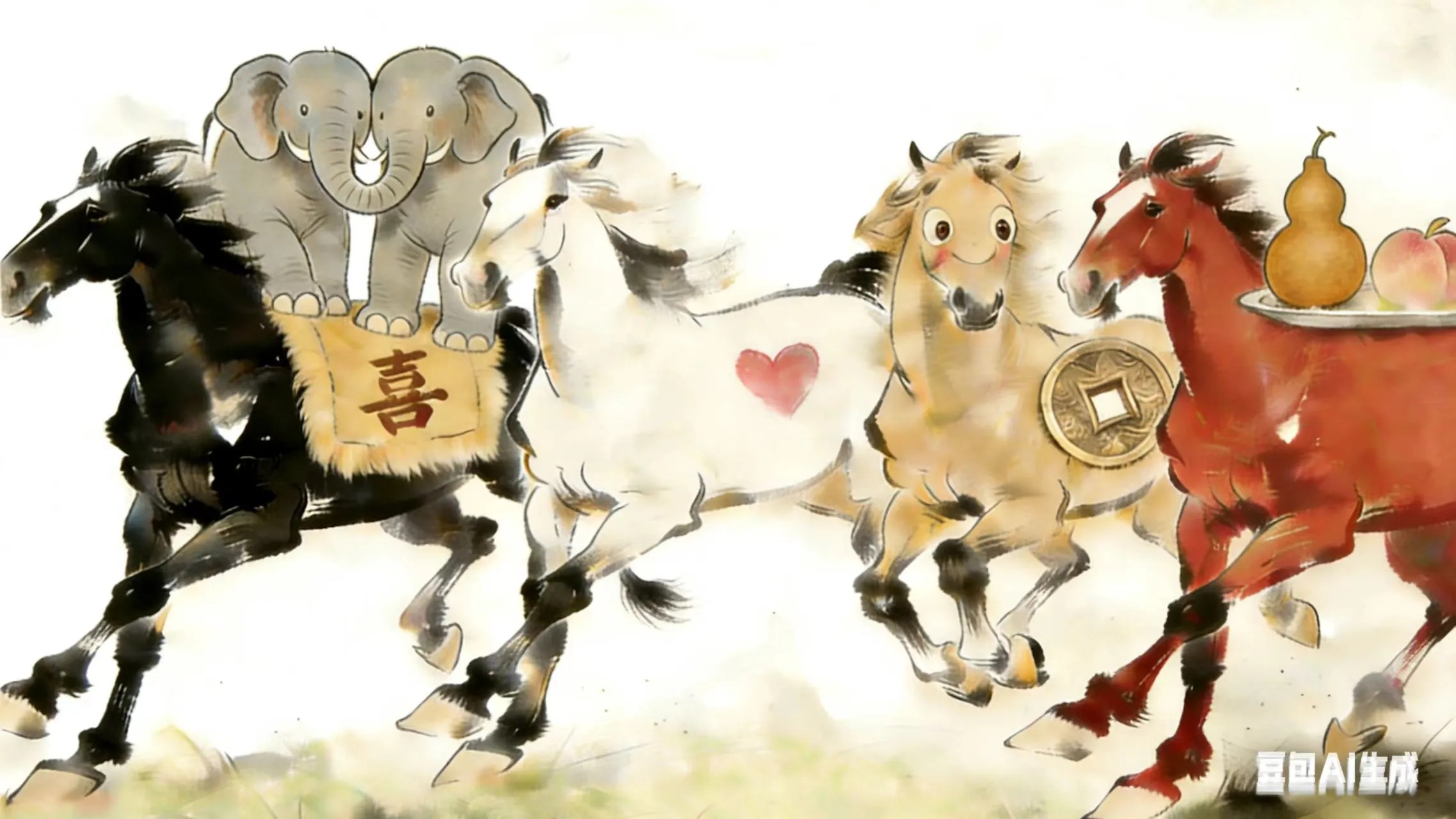 晓斌通过AI合成的贺岁图——马年大吉，马上有惊喜，马年有对象 Xiaobin's AI-generated New Year greeting image — Wishing you great luck in the Year of the Horse, surprises on the way, and finding love this year