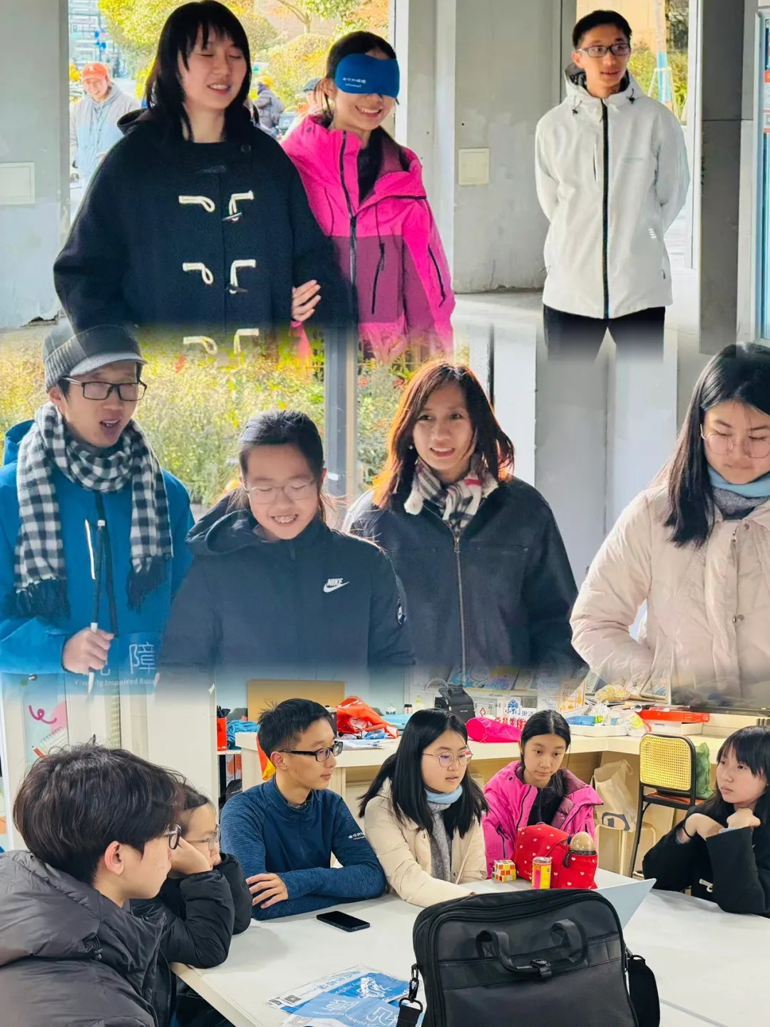 同学们正在进行视障礼仪与无障碍意识学习 Students are learning about etiquette for persons with visual impairment and accessibility awareness