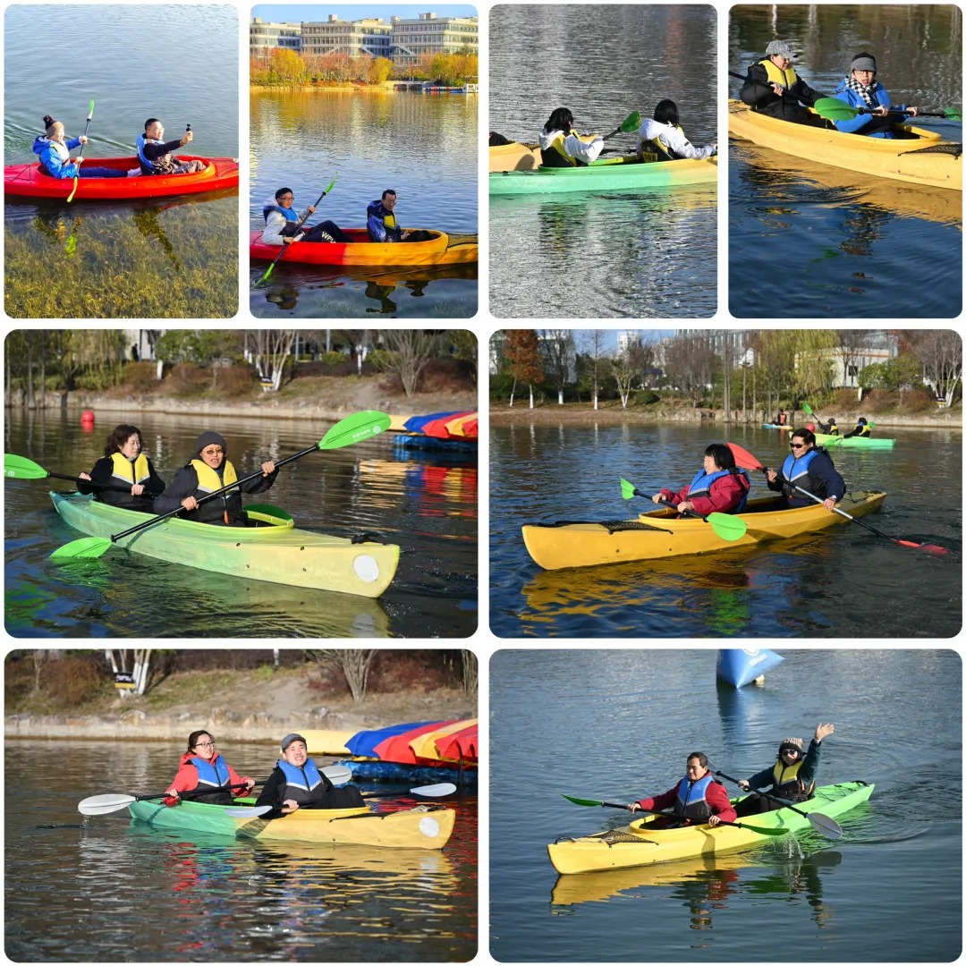 在古美公园湖中划皮划艇的蓝睛灵们 Lanjingling elves kayaking in the lake at Gu Mei Park